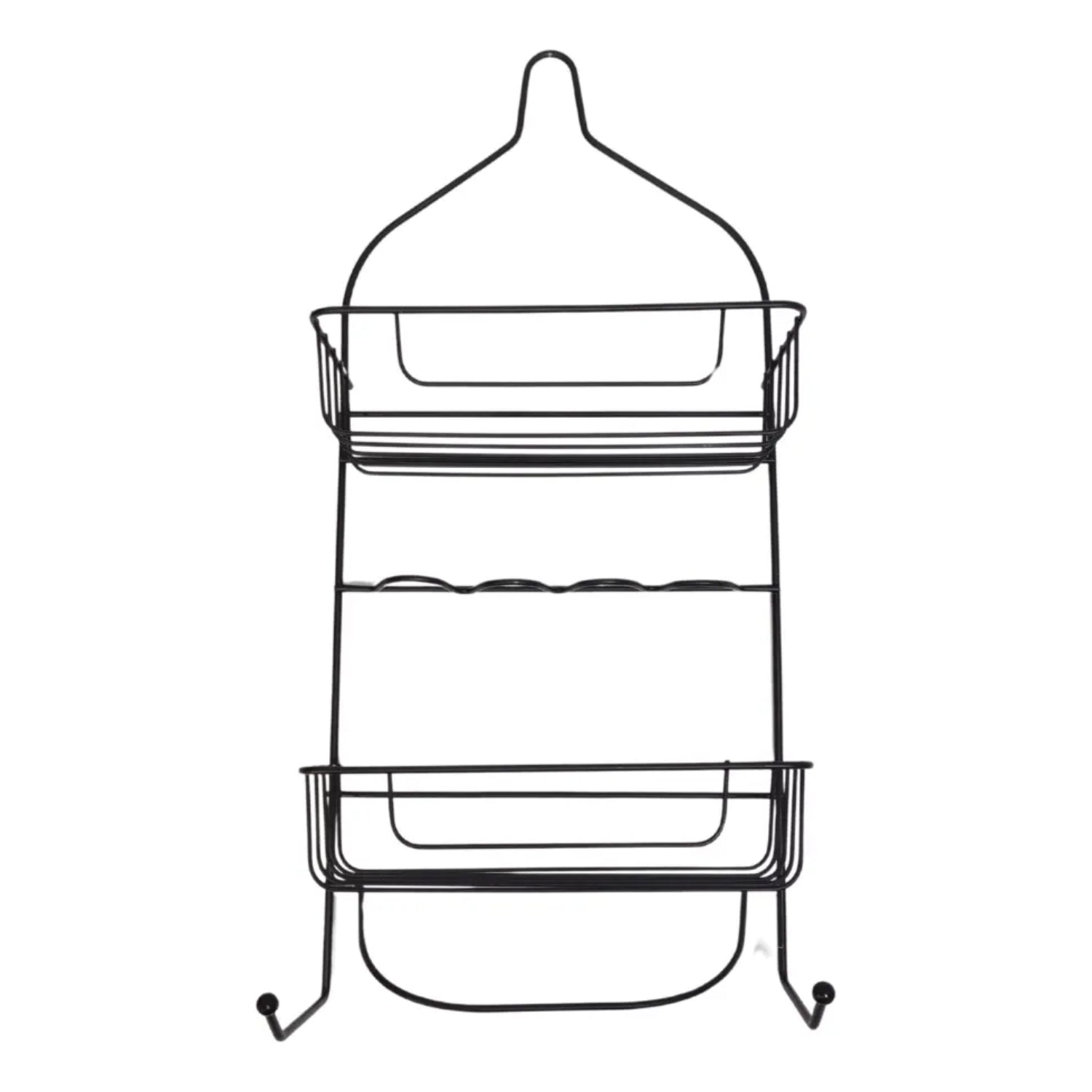 organizador metálico negro con dos estantes, pared de cocina
